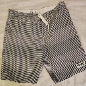 RVCA Men's Black and White Striped Swim Shorts